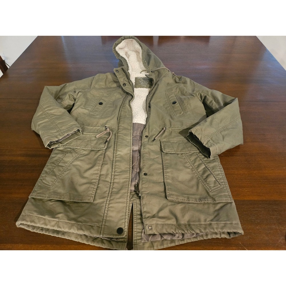 American Eagle Parka Jacket Women Small Green Sherpa Lined Utility AE-177